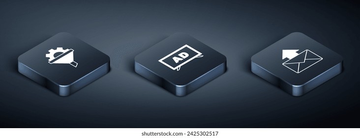 Set Isometric Sales funnel with gear, Mail and e-mail and Advertising icon. Vector