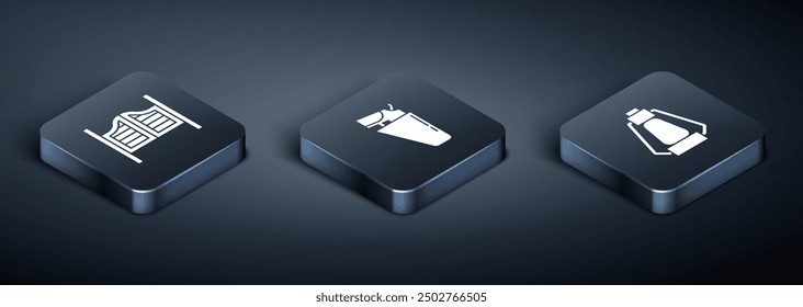Set Isometric Saloon door, Camping lantern and Revolver gun holster icon. Vector