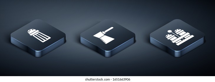 Coloque el icono de Sal isométrica , Sal y pimienta y café. Vector