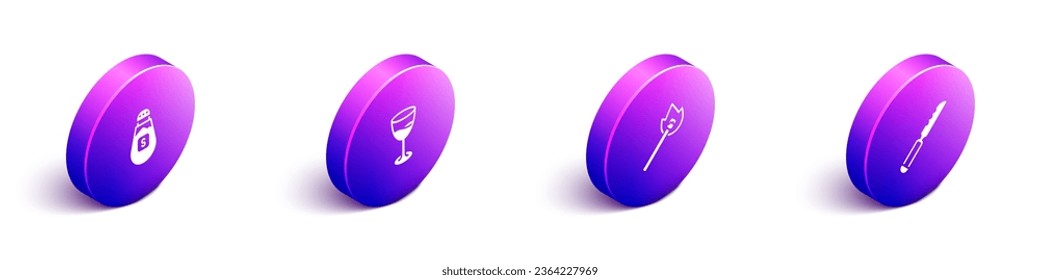 Set Isometric Salt, Wine glass, Burning match with fire and Bread knife icon. Vector