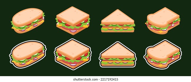 Set of isometric sandwiches with bread, ham, tomato, cheese, cucumber, onion, and lettuce. Fast food concept. Breakfast or lunch dish. Cartoon meal icon. Vector graphic design cuisine illustration.