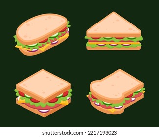 Set of isometric sandwiches with bread, ham, tomato, cheese, cucumber, onion, and lettuce. Fast food concept. Breakfast or lunch dish. Cartoon meal icon. Vector graphic design cuisine illustration.