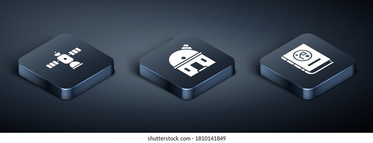 Set Isometric Satellite, Libro por astronomía e icono observatorio astronómico. Vector