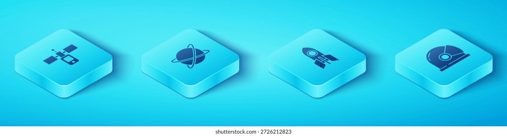 Isometrischer Satellit, Satelliten, die den Planeten umkreisen, Astronautenhelm und Raketenschiff-Symbol. Vektorgrafik