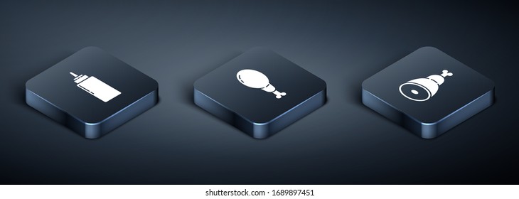 Set Isometric Sauce bottle, Chicken leg and Chicken leg icon. Vector