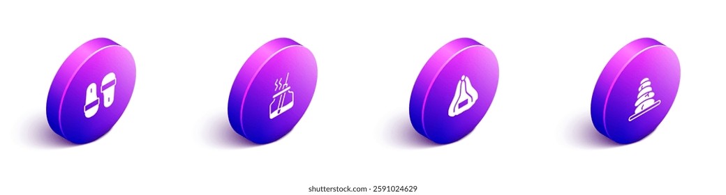 Set Isometric Sauna slippers, Aroma diffuser, hat and Stack hot stones icon. Vector