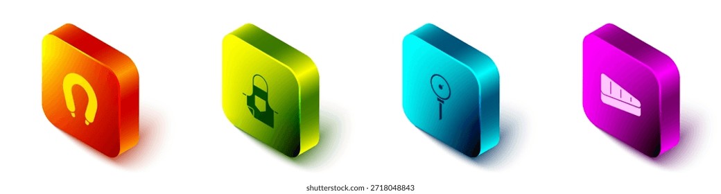 Definir Isometric Sausage, Avental de cozinha, termômetro e ícone de carne de bife. Vetor