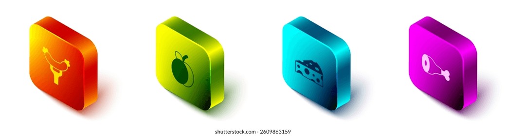 Set Isometric Sausage on the fork, Plum fruit, Cheese and Chicken leg icon. Vector