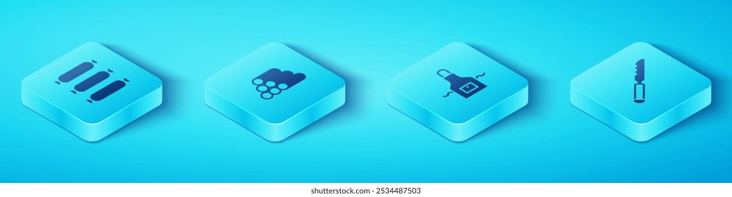 Set Isometric Sausage, Wooden logs, Bread knife and Kitchen apron icon. Vector