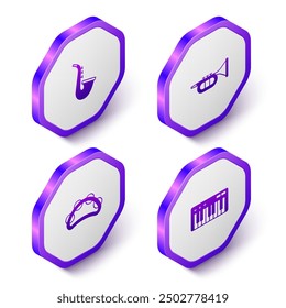 Set Isometric Saxophone, Trumpet, Tambourine and Music synthesizer icon. Purple hexagon button. Vector