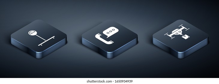 Set Isometric Scale , Delivery drone with the package  and Telephone with speech bubble chat  icon. Vector