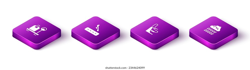 Set Isometric Scale with suitcase, Plane landing, Airplane seat and Cloud rain icon. Vector