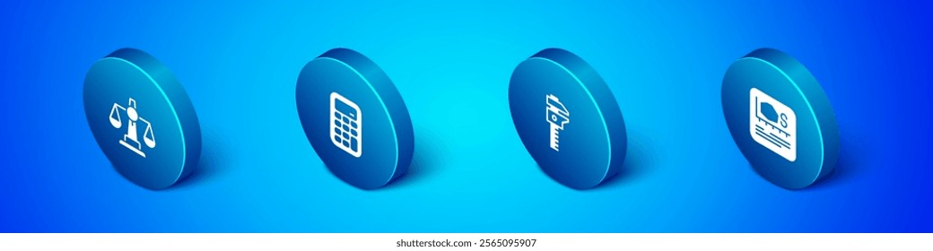 Set Isometric Scales of justice, Calliper or caliper and scale, Area measurement and Calculator icon. Vector