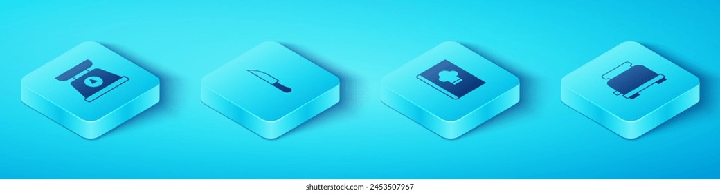 Set Isometric Scales, Knife, Toaster and Cookbook icon. Vector