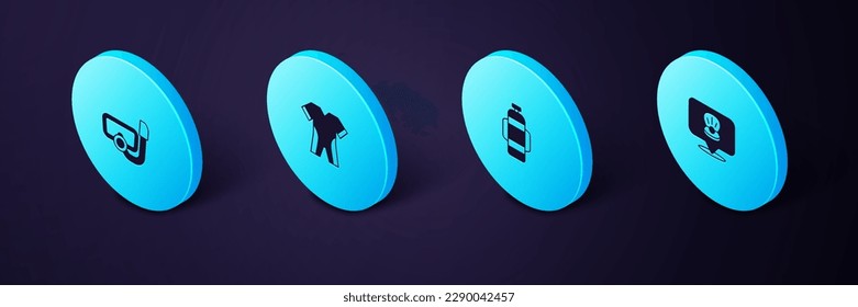 Set Isometric Scallop sea shell, Aqualung, Wetsuit for scuba diving and Diving mask with snorkel icon. Vector