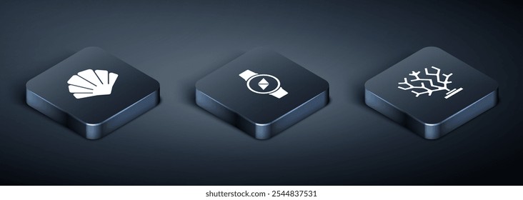Set Isometric Scallop sea shell, Coral and Compass icon. Vector