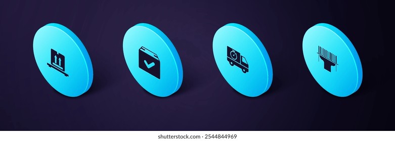 Set Isometric Scanner scanning bar code, Delivery truck and stopwatch, Package box with check mark and Cardboard boxes on pallet icon. Vector