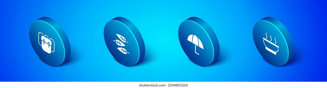 Set Isometric School backpack, Umbrella, Bowl of hot soup and Leaf or leaves icon. Vector