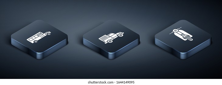 Set Isometric School Bus, Scooter und Delivery LKW Fahrzeug Symbol. Vektorillustration