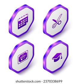 Set Isometric School timetable, Scissors, Certificate template and Graduation cap icon. Purple hexagon button. Vector
