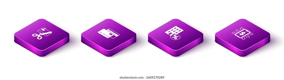 Set Isometric Scissors cutting a credit card, Credit, House with percant discount and Smartphone dollar icon. Vector
