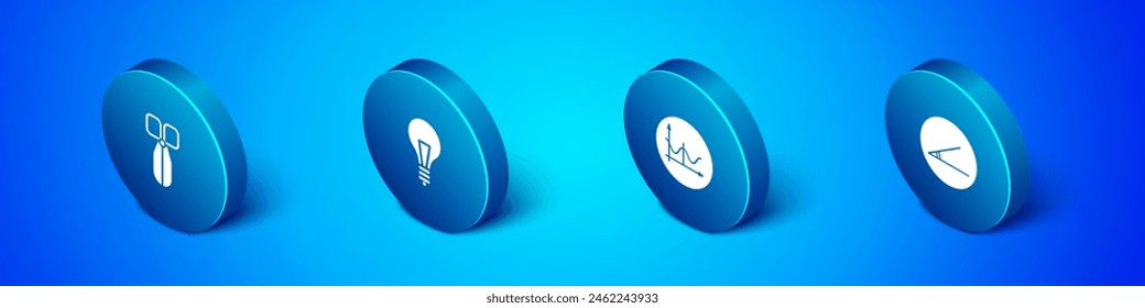 Set Isometric Scissors, Graph, schedule, chart, diagram, Acute angle and Light bulb with concept of idea icon. Vector