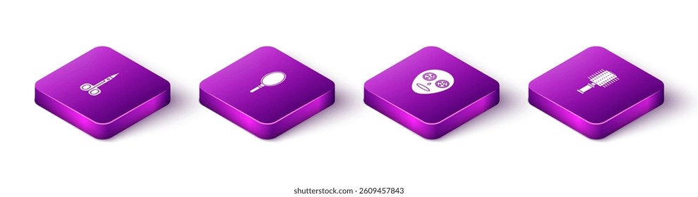 Set Isometric Scissors, Hand mirror, Facial cosmetic mask and Hairbrush icon. Vector