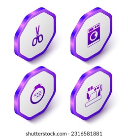 Set Isometric Scissors, Washer, Round adjustable embroidery hoop and Sewing machine icon. Purple hexagon button. Vector