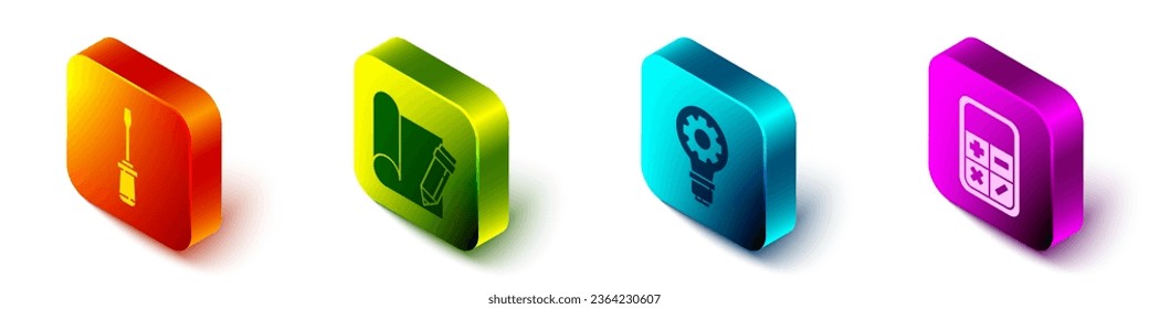 Set Isometric Screwdriver, Graphing paper and pencil, Light bulb and gear and Calculator icon. Vector