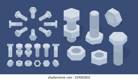 Set of the isometric screw-nuts and bolts. The objects are isolated against the dark-blue background and shown from different sides