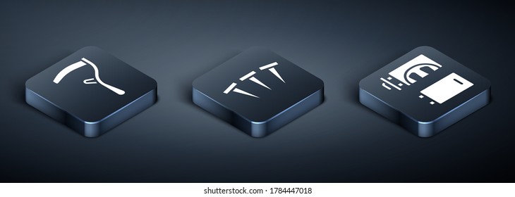 Set Isometric Scythe, Crematorium and Metallic nails icon. Vector