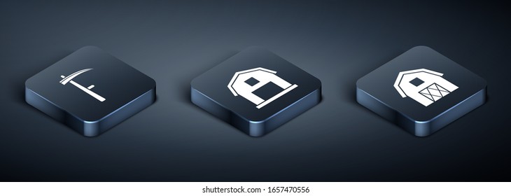 Set Isometric Scythe, Farm House concept and Farm House concept icon. Vector