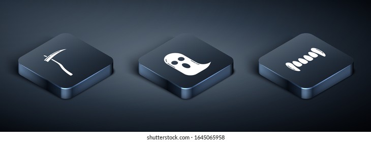 Set Isometric Scythe , Vampire teeth  and Ghost  icon. Vector