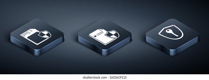 Ajuste tarjeta SD isométrica y escudo , Escudo con llave e icono de concepto de protección de documentos. Vector