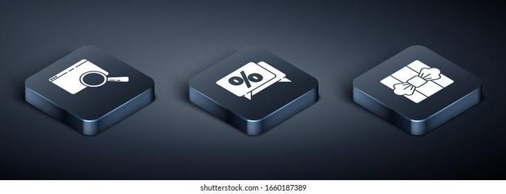Set Isometric Search in a browser window, Gift box and Discount percent tag icon. Vector