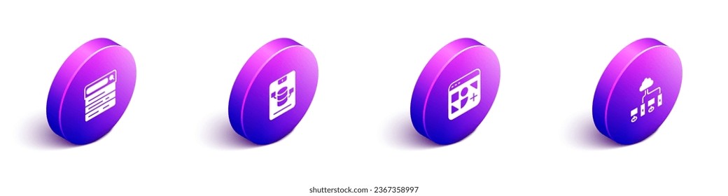 Establezca el motor de búsqueda isométrico, servidor, datos, hospedaje web, archivos diferentes e icono de red del equipo. Vector