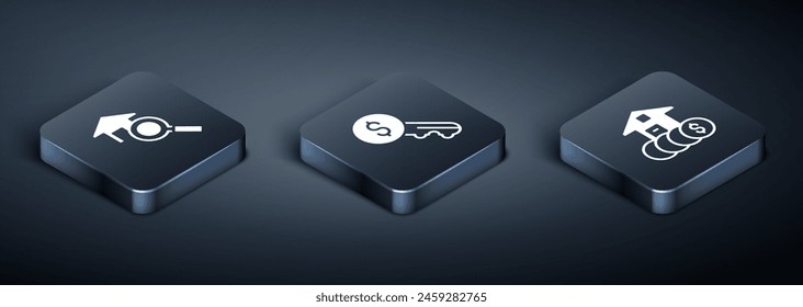 Set Isometric Search house, House with dollar and Rent key icon. Vector