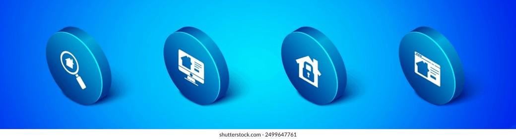 Conjunto Casa de Búsqueda isométrica, Casa bajo protección, Bienes raíces en línea e ícono. Vector