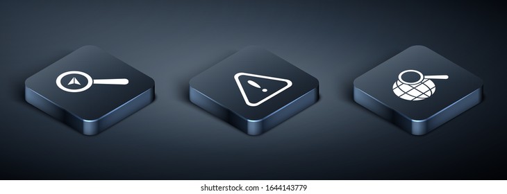 Set Isometric Search location, Magnifying glass with globe and Exclamation mark in triangle icon. Vector