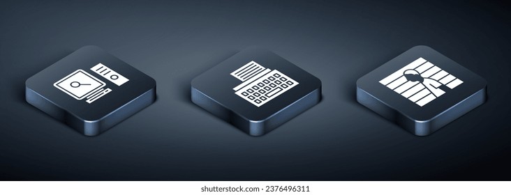 Isometrische Suche auf Computerbildschirm, Verdächtiger Verbrecher und Retro Schreibmaschine Symbol. Vektorgrafik