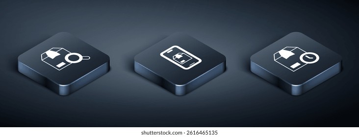 Set Isometric Search package, Cardboard box with clock and Mobile app delivery tracking icon. Vector