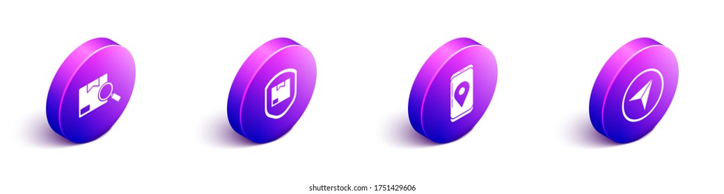Set Isometric Search package, Delivery pack security with shield, Mobile with app delivery tracking and Infographic of city map navigation icon. Vector