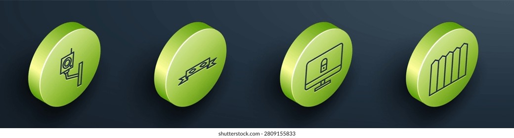 Set Isometric Security camera, Thief eye mask, Lock on computer monitor and Garden fence wooden icon. Vector