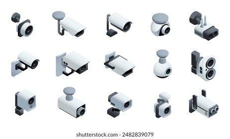 Set of isometric security cameras. Icons with different CCTV or surveillance cameras for property protection. Video monitoring and observation. 3D realistic vector illustrations isolated on background