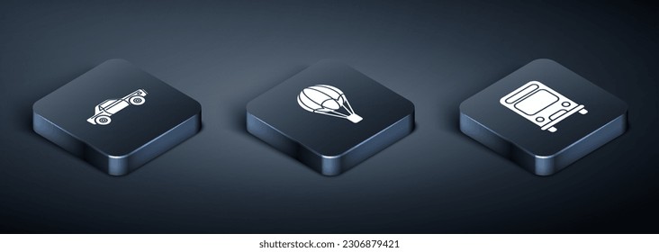 Set Isometric Sedan car, Bus and Hot air balloon icon. Vector