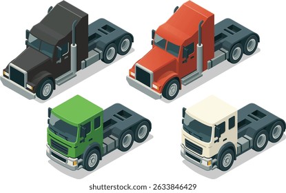 Set of isometric semi truck, lorry cab unit