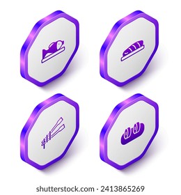 Set Isometric Served fish on a plate, Fish steak, Food chopsticks with noodles and Sushi icon. Purple hexagon button. Vector