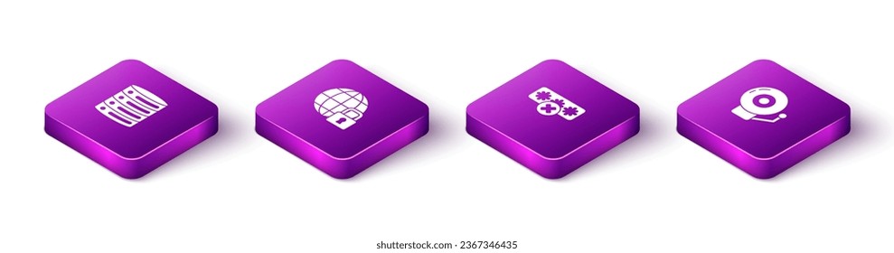 Set Isometric Server, Data, Web Hosting, Global lockdown, Password protection and Ringing alarm bell icon. Vector