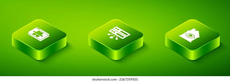 Set Isometric Server, Data, Web Hosting, House with eye scan and Browser incognito window icon. Vector