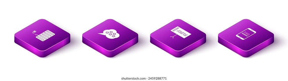 Establecer servidor isométrico, cinco estrellas evaluación de revisión, información y móvil con el icono de información de preguntas frecuentes. Vector